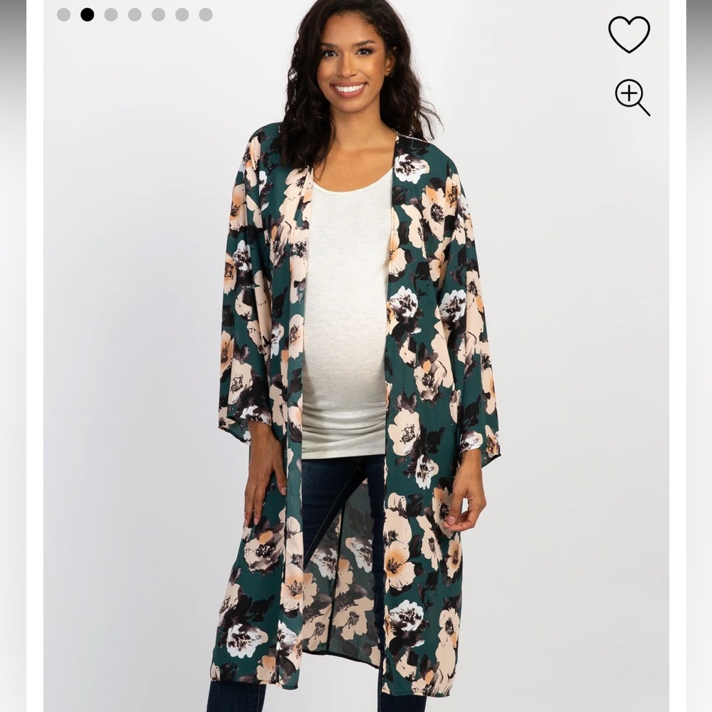 PinkBlush Green Floral Print Chiffon Long Maternity Cover Up | Small